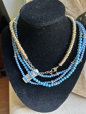 #ad Gold turquoise necklace 34quot; long super extra long chain statement piece beaded $38.00