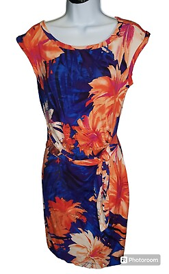 #ad Ann Taylor Bright Tropical Floral Orange Blue Faux Wrap Dress Women Size SP $15.00