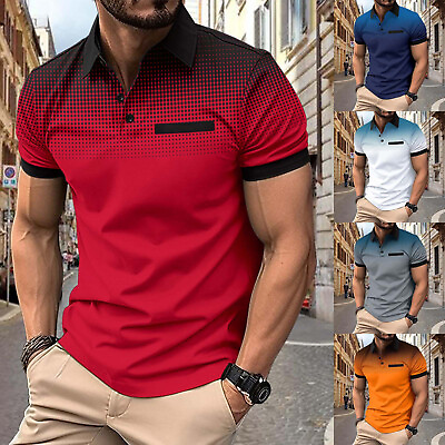 #ad Men#x27;s Spring Summer Casual T Shirt Short Sleeved Buttons Lapel Solid Color Tee $20.51
