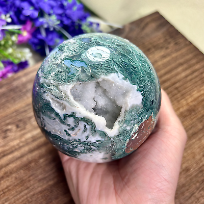#ad 1170g 94mm Natural Druzy Moss Agate Sphere Crystal Ball Display Healing 3th $94.00