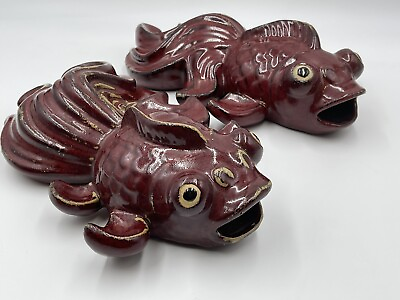 #ad LARGE KOI FISH STATUE SCULPTURES POTTERY RED OPEN MOUTH 13” DECORATION VINTAGE $89.45