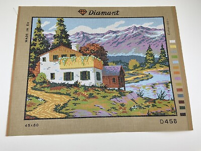 #ad Diamant Needlepoint Tapestry Canvas Home On A Lake Mountain 19in X 15in 10 Count $49.91