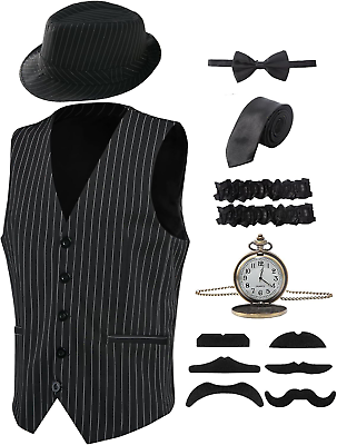 #ad 1920s Mens Costume Roaring 20s Costumes for Men Gatsby Outfit Gangster Vest Fedo $87.99