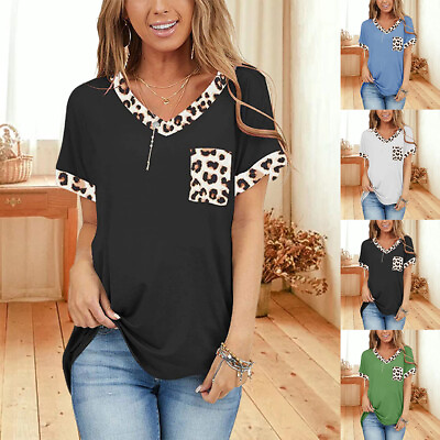 #ad Womens Leopard V Neck T Shirt Tee Ladies Casual Loose Blouse Tunic Tops Pullover $15.99