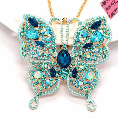 #ad New Fashion Women Cute Rhinestone Blue Butterfly Crystal Pendant Chain Necklace $3.95