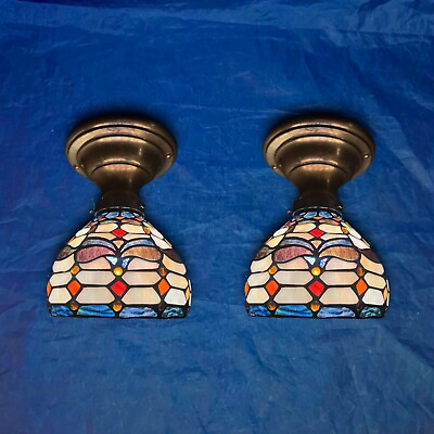 #ad Pair Flush Mount Antique Brass Fixtures Rare Stained Glass Shades 64E $980.00