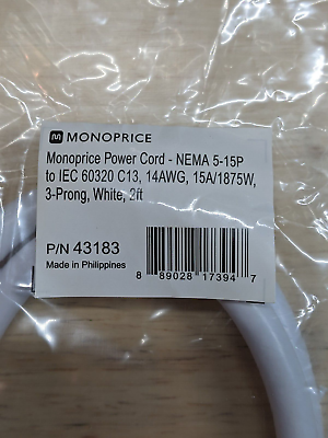 #ad Monoprice Power Cord NEMA 5 15P to IEC 60320 C13 14AWG 15A 3 Prong White 2FT $9.99