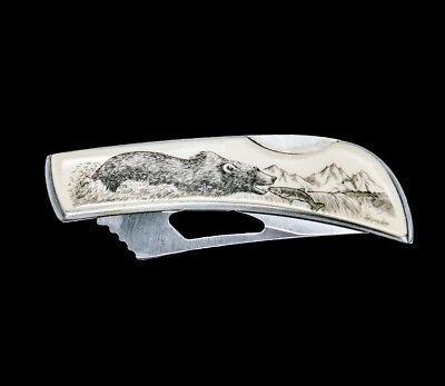 #ad Scrimshaw Bear and Fish Design Stainless Steel Silver Hawk Pocket Knife $27.20