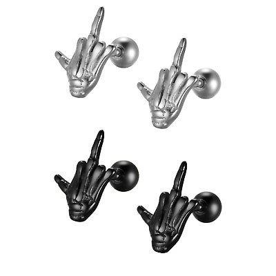 #ad 2 Pairs Mens Womens Gothic Stainless Steel Middle Finger Punk Ear Stud Earrings $9.49