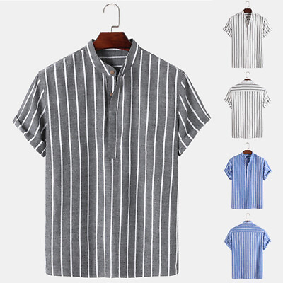#ad Mens Short Sleeve Casual Tops Summer Loose Stripe Button Dress Shirts Blouse Tee $15.98