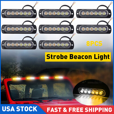 #ad 8x LED Amber White Grill Side Marker Emergency Beacon Strobe Light Bar Tow Truck $23.99