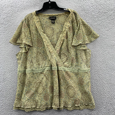 #ad LANE BRYANT Blouse Womens Size 22 24 Top Floral Short Sleeve Green Sheer $12.95