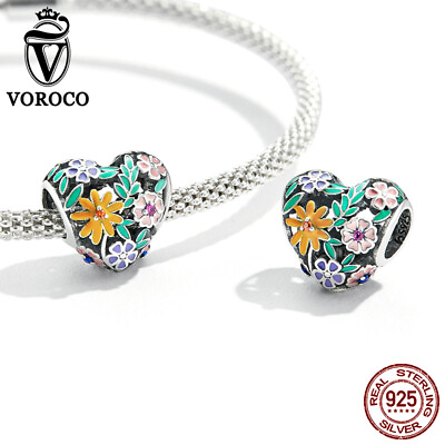 #ad Voroco s925 Sterling Silver Flower Love Heart Bracelet Charms Beads DIY Party $10.89
