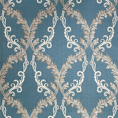 #ad Wallpaper blue beige taupe bronze gold Textured Victorian Damask faux fabric 3D $3.90