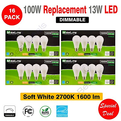 #ad 16 Maxlite 100W replacement 13W Light Bulb LED Soft White A19 2700K Dimmable E26 $36.95