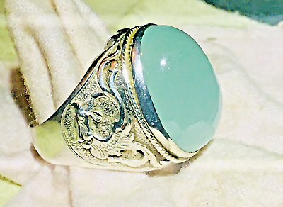 #ad Silver Aquamarine Ring .925 High Dome Cabochon Natural Tiger Eye Aqua Gemstone $365.50