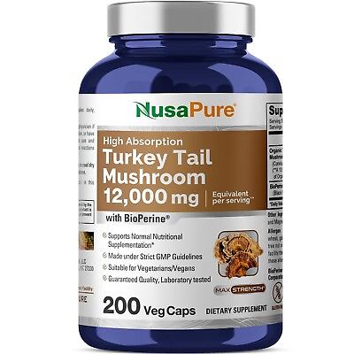 #ad NusaPure Turkey Tail Mushroom Capsules 12000mg 200 Vcaps Vegetarian $25.94