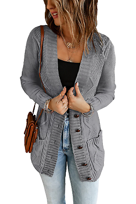 #ad Women Dark Gray Front Pocket and Buttons Closure Cardigan $49.95