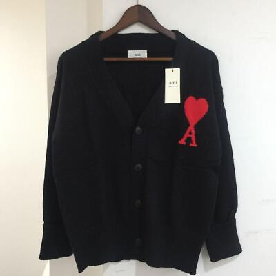 #ad ami Paris Heart Logo Knit Sweater Wool Cardigan Black Red Unisex Size XL New $205.00