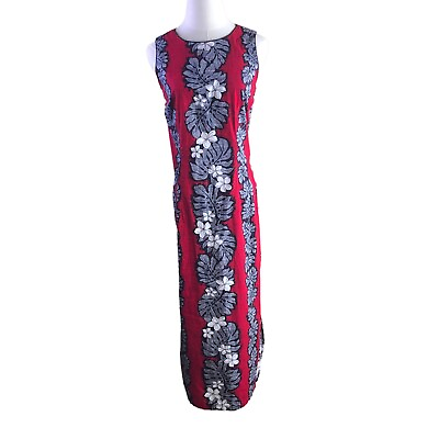 #ad Lourdes Vintage Hawaiian Dress Medium Red Gray Floral Maxi Sleeveless Sheath $38.78