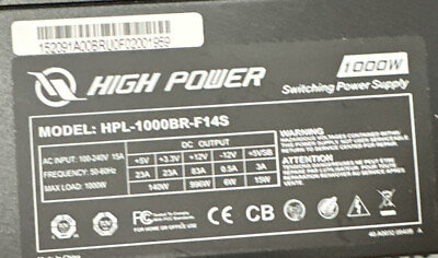 GENUINE High Power 1000w Pc Power Supply MODEL: HPL 1000BR F14S $79.00
