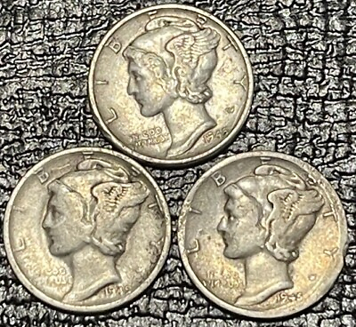 #ad Mercury Dime 1945 P D S 10¢ 90% Silver US Silver Coins 3 Mercury Dimes $12.00