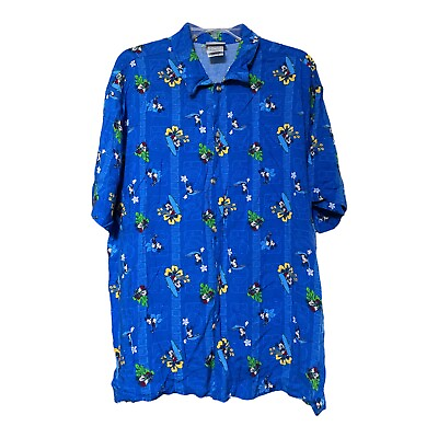 #ad Vintage Disney Store Men Blue Mickey Mouse Surf Board Hawaiian Aloha Shirt Large $26.39