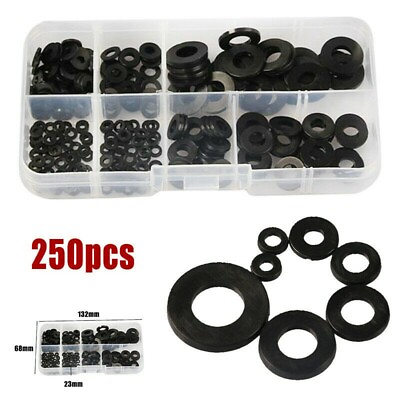 #ad 250pcs Flat Washer Gasket Ring Seal Assortment Black Kit Nylon Rubber Durable $8.58
