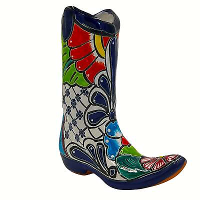 #ad Mexican Talavera Cowboy Boot Planter Hand Painted Dark Blue Trim $41.99