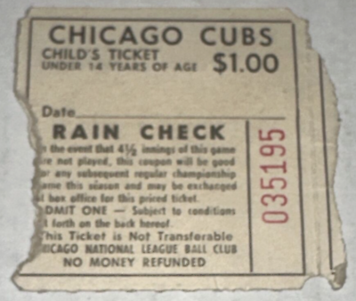 #ad Old Chicago Cubs Childs Under Age 14 $1 Vintage Baseball Ticket Stub Rain Check $18.74