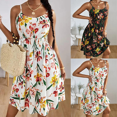 #ad Sexy Women Floral Boho Sleeveless A Line Party Mini Dress Summer Party Sundress $21.18