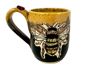 #ad Art Pottery Coffee Mug Bee w Ladybug Yellow Brown Handmade Signed Mackey Creek $19.95