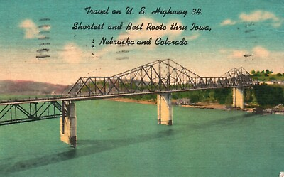 #ad Postcard NE Plattsmouth US Highway 34 Bridge 1950 Linen Vintage PC a6299 $2.00