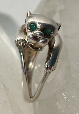 #ad Silver Panther Cat Green Eyes Sterling * Nevada Silver Mine * Size 6.5 $45.00