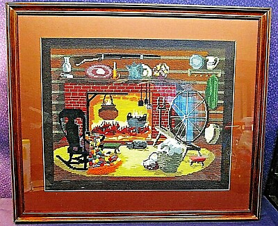 #ad Large Handcrafted Stitched Needlepoint Country Home Scene Professionally Framed $79.99
