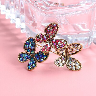 #ad Fashion Brooch Beauty Golden Zinc Alloy Crystal Exquisite Flowers Butterfly Gift $3.41
