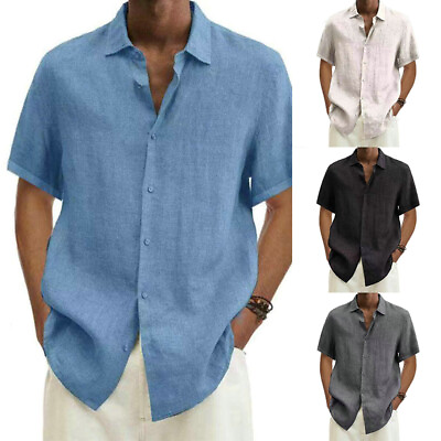 #ad Men#x27;s Cotton Shirt V neck Solid Color Shirt Summer Hot Fashion Shirt Buttons $16.36
