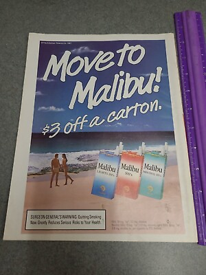 #ad 1988 VINTAGE 8X10.5 PRINT Ad FOR MOVE TO MALIBU CIGARETTES COUPLE ON BEACH WAVES $2.50