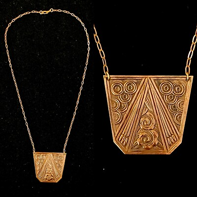 #ad Vintage 1920s Art Deco Antique Tooling Brass Pendant Necklace Authentic $48.00