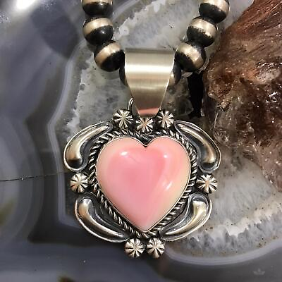#ad Jeff James Native American Sterling Pink Conch Shell Decorated Heart Pendant $176.25