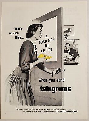 #ad 1952 Print Ad Western Union Telegram Lady Opens Door Man at Desk $10.38
