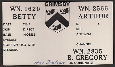 #ad QSL CARD quot;Coat of ArmsGrimsbyBetty ArthurB. Gregoryquot;NZ Q4485 C $6.95
