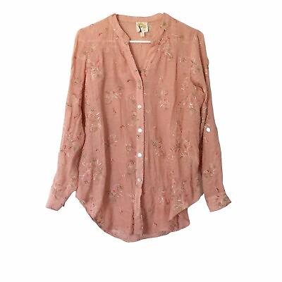 #ad Fig and Flower Size Small Embroidered Shirt Button Front Floral Peachy Pink $12.73