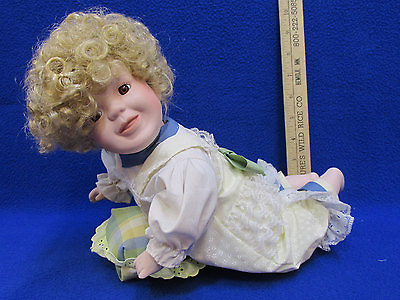 #ad Porcelain Girl Doll Crawling Curly Blond Hair Barefoot Lace Romper Shirt Pillow $16.99
