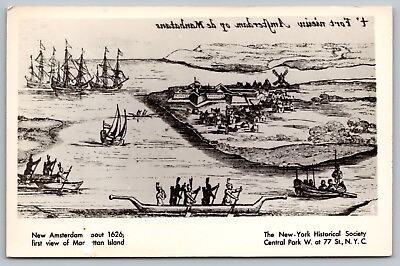 #ad New Amsterdam Manhattan Island New York Ships Black White Historical Postcard $9.00
