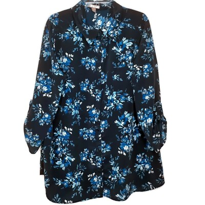 #ad White Stag Womens Size 2X Blouse Button Front 3 4 Sleeve Collared Blue Floral $15.97