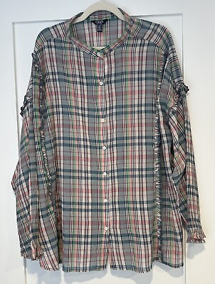 #ad NEW Chaps Plus 2X Womens Button Front Shirt Long Sleeve Top Plaid Blue Madras $29.99