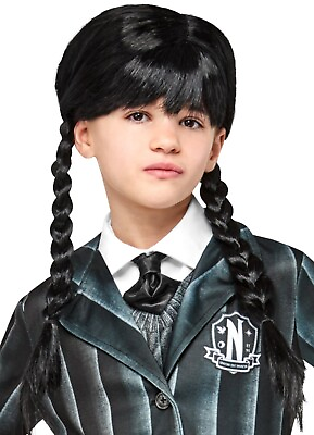 #ad Wednesday Addams Costume Wig Child Black Braids Bangs Kids Adams Series OFFICIAL $19.45