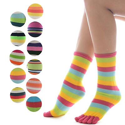 #ad 12 Pairs Women Toe Socks Five Finger Casual Sports Multicolor Striped Crew 9 11 $32.00