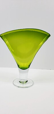 #ad Vintage Lime Green Art Glass Fan Shaped Vase 11quot; Tall $100.00
